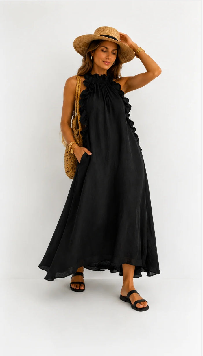 Fernanda | Sleeveless Linen Maxi Dress with Elegant Ruffles